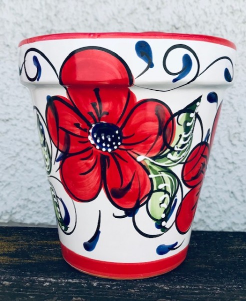 Wandblumentopf, glasiert mit roten Blumen