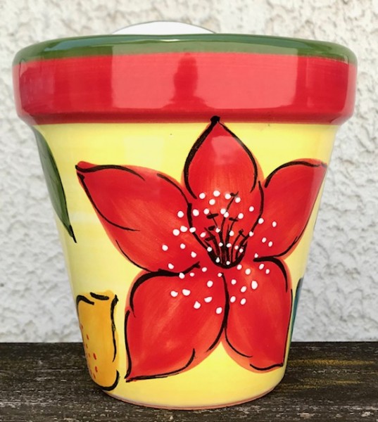 Wandblumentopf, glasiert, Untergrund gelb mit roter Blüte
