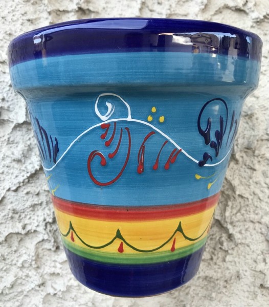 Wandblumentopf, glasiert, filigran bemalt, blau,gelb, rot, grün