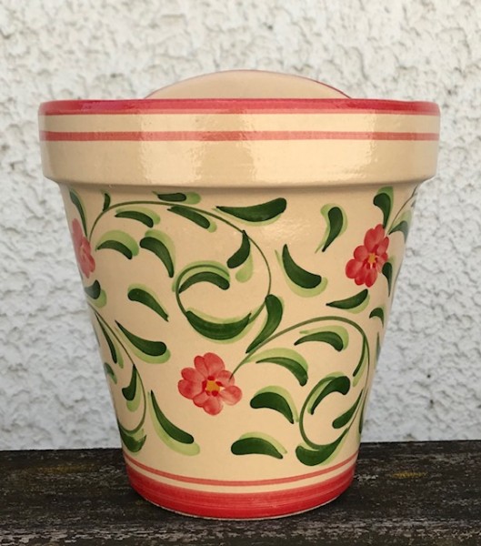 Wandblumentopf beige glasiert mit roten Blümchen